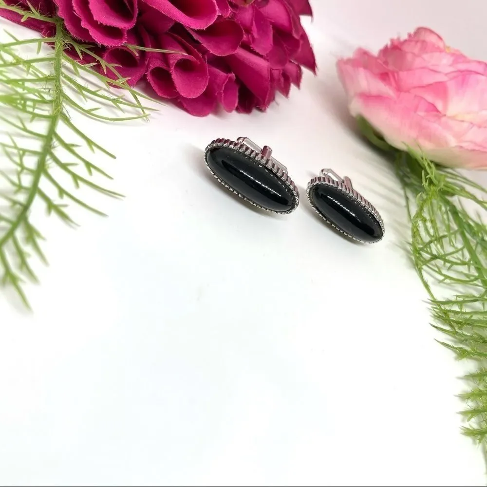 VINTAGE⚜️CUFF LINKS Black Acrylic Detailed Edging - Art Deco Style